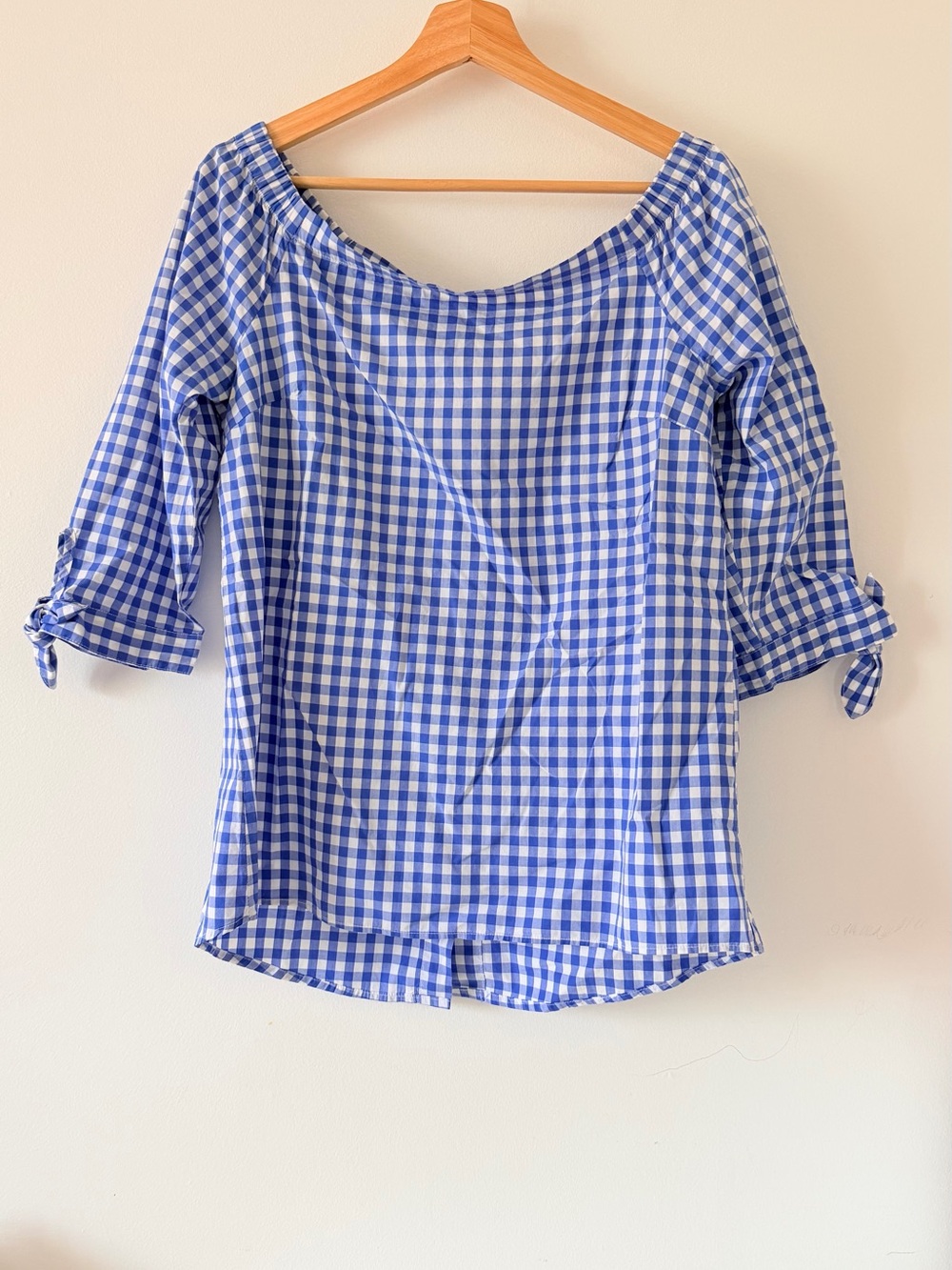 Blue Gingham Off-Shoulder Tie-Sleeve Women's Top